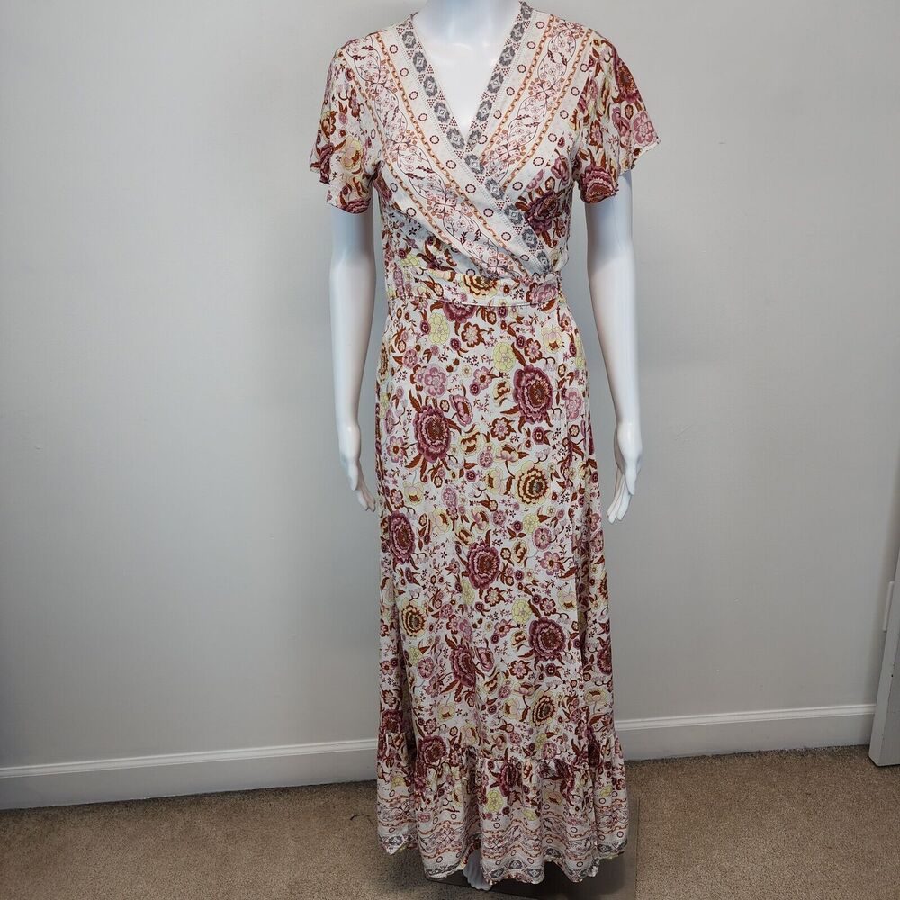 Zesica Floral Maxi Dress Size S Flutter Sleeve Faux Wrap Cottage Breezy Boho